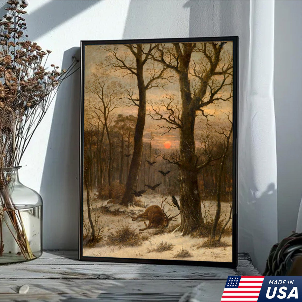 Vintage Deer Hunting Canvas Wall Art, Winter Forest Stag, Rustic Cabin Lodge Wildlife Decor