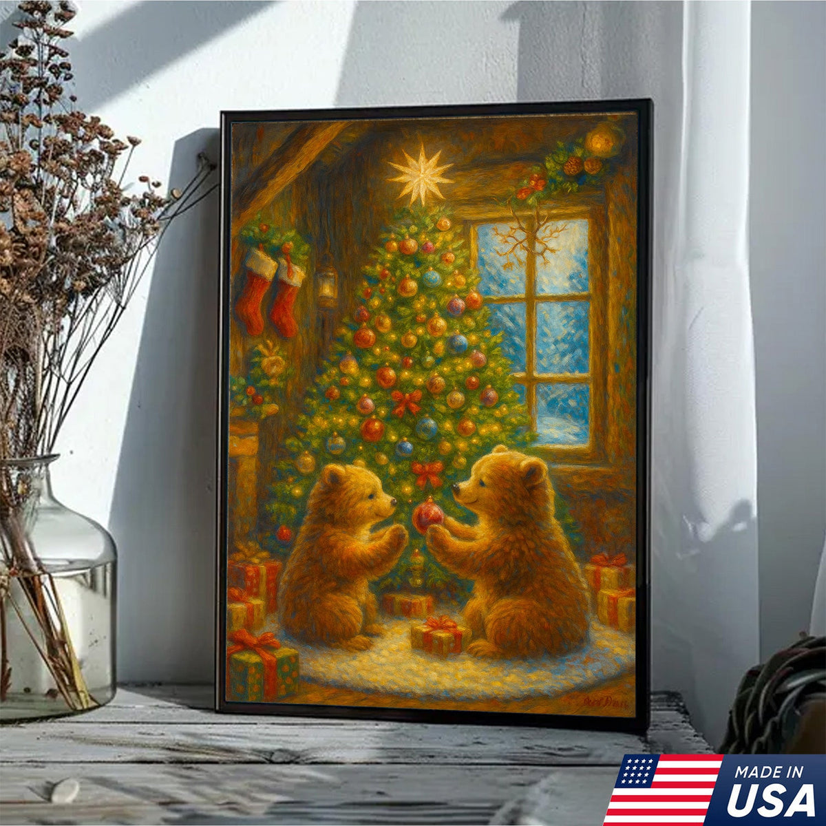 Christmas Bear Cubs Wall Art Canvas — Cozy Holiday Tree Scene, Cute Winter Animal Wall Decor