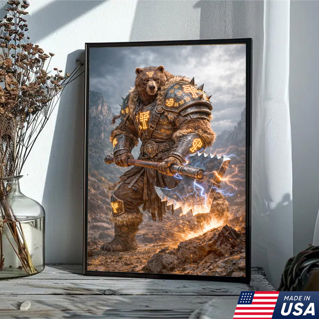 Thunder Rune Bear Canvas Wall Art – Epic Fantasy Warrior with Lightning Axe