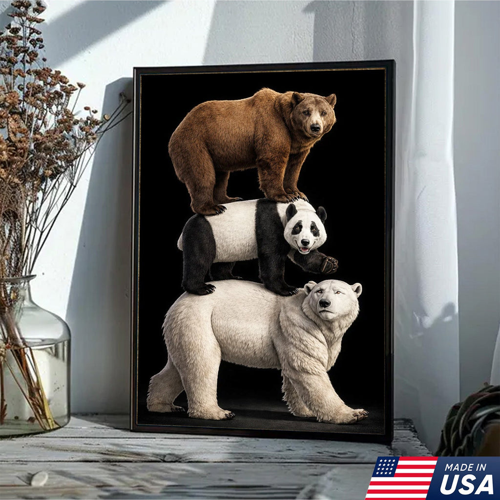 Stacked Bears Canvas Wall Art, Brown Bear Panda Polar Bear Totem Illustration