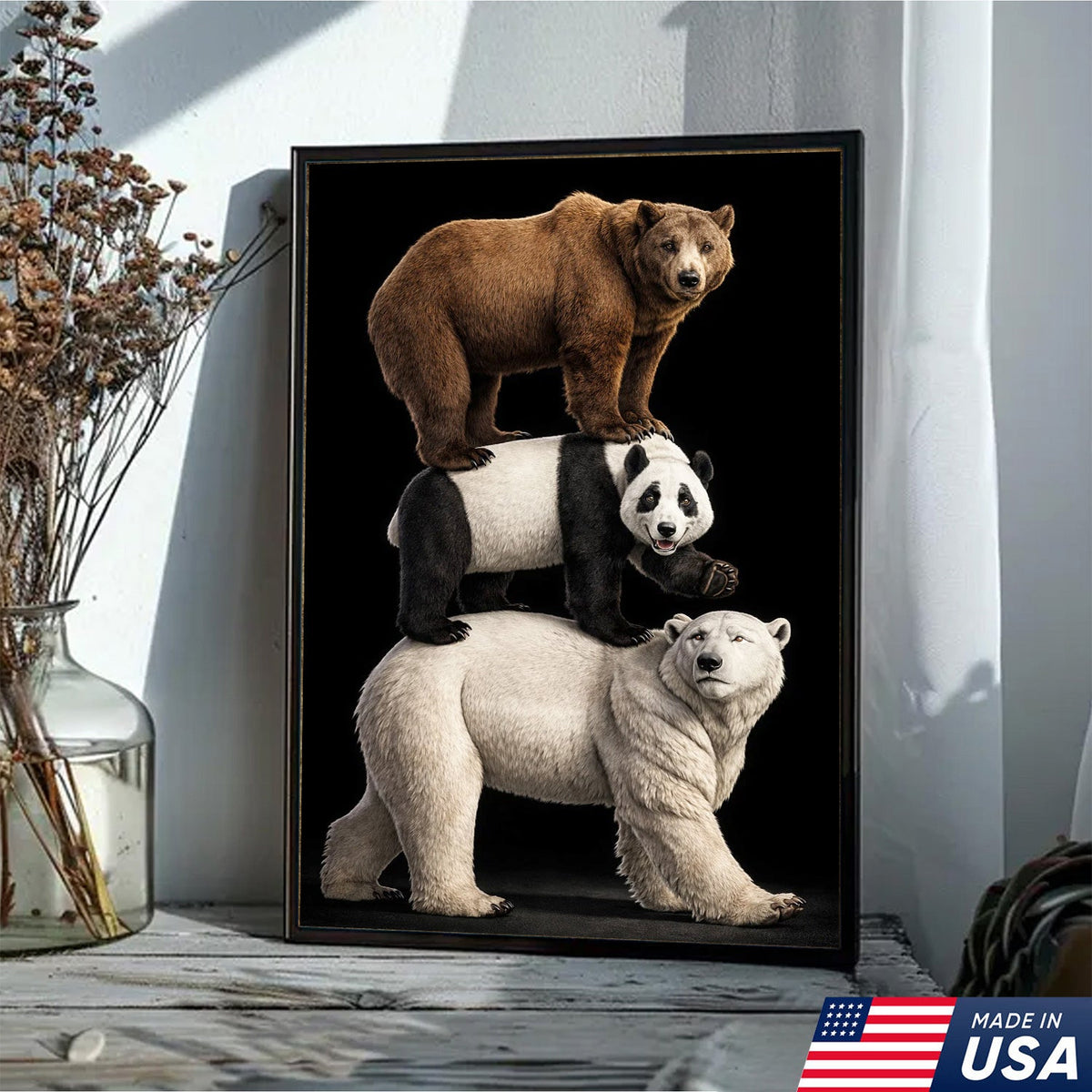 Stacked Bears Canvas Wall Art, Brown Bear Panda Polar Bear Totem Illustration