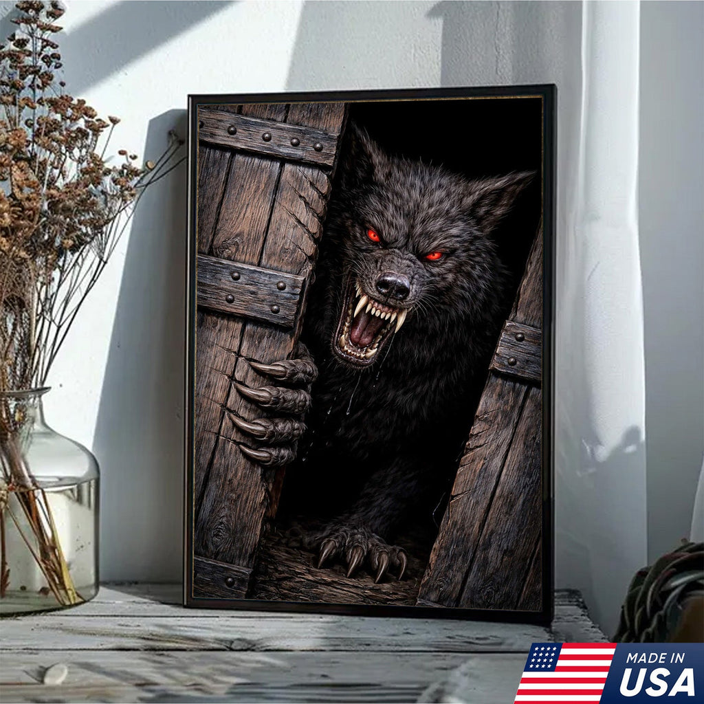 Angry Red Eyes Werewolf Canvas Wall Art, Dark Horror Wolf Monster Illustration