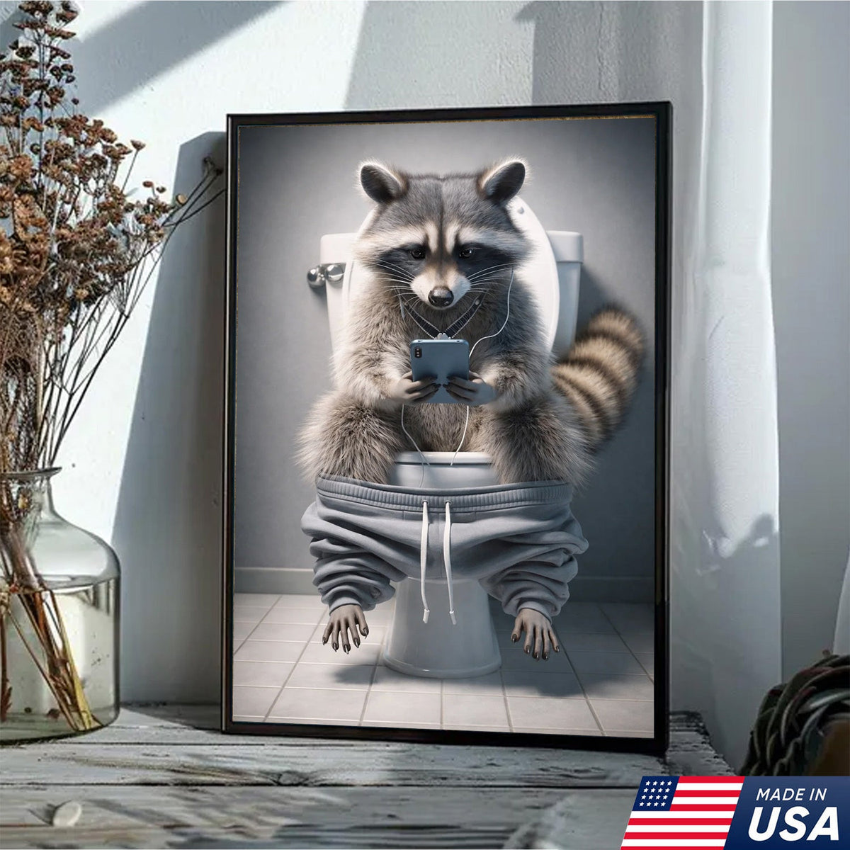 Funny Raccoon Toilet Canvas, Bathroom Humor Wall Art, Animal Decor