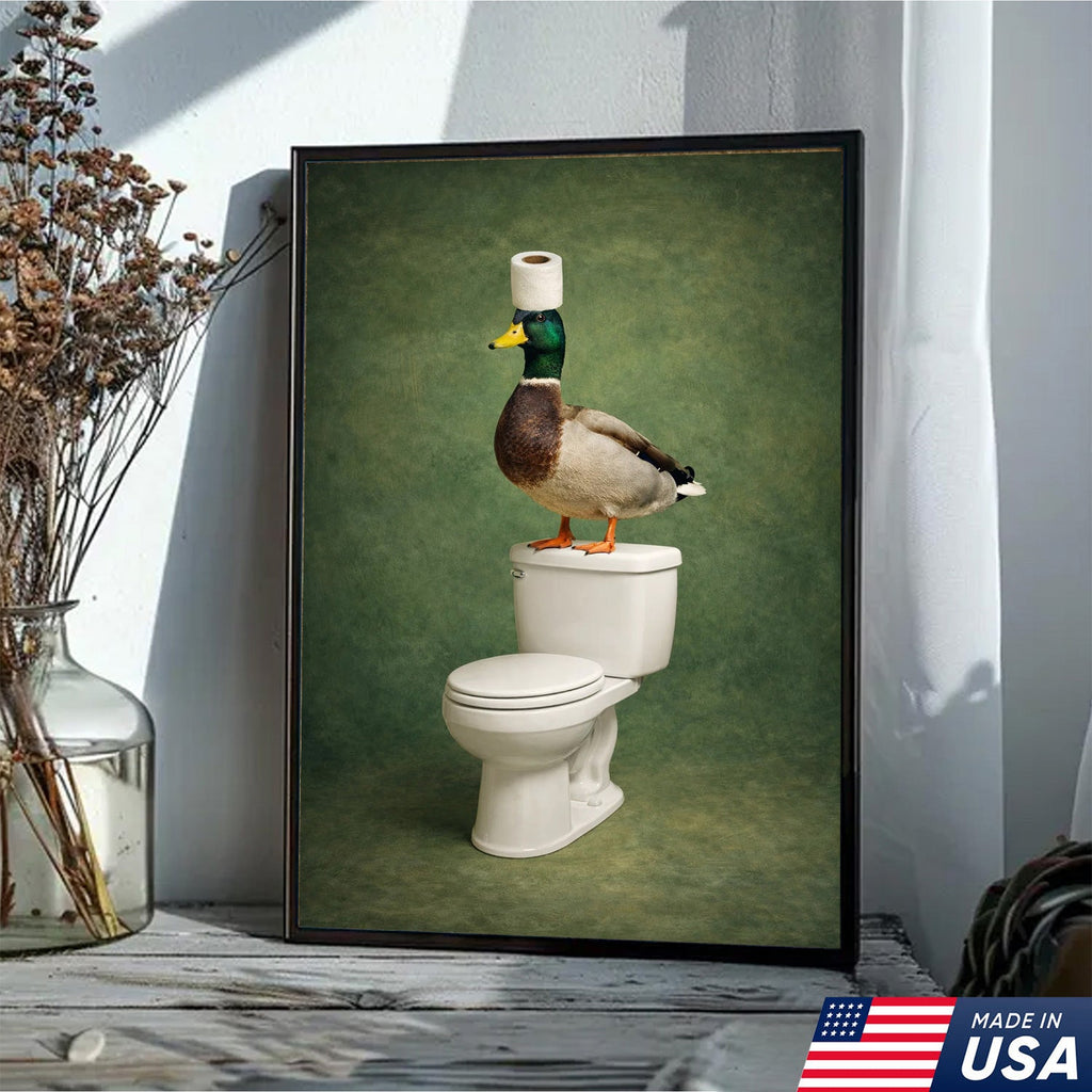Funny Duck Bathroom Wall Art, Duck on Toilet Bathroom Canvas