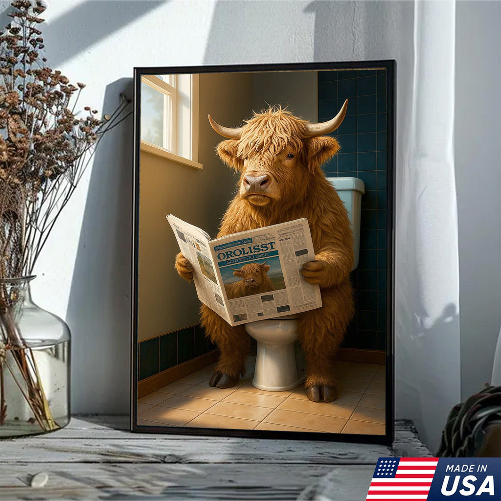 Highland Cow Bathroom Canvas Wall Art, Funny Farmhouse Restroom Decor