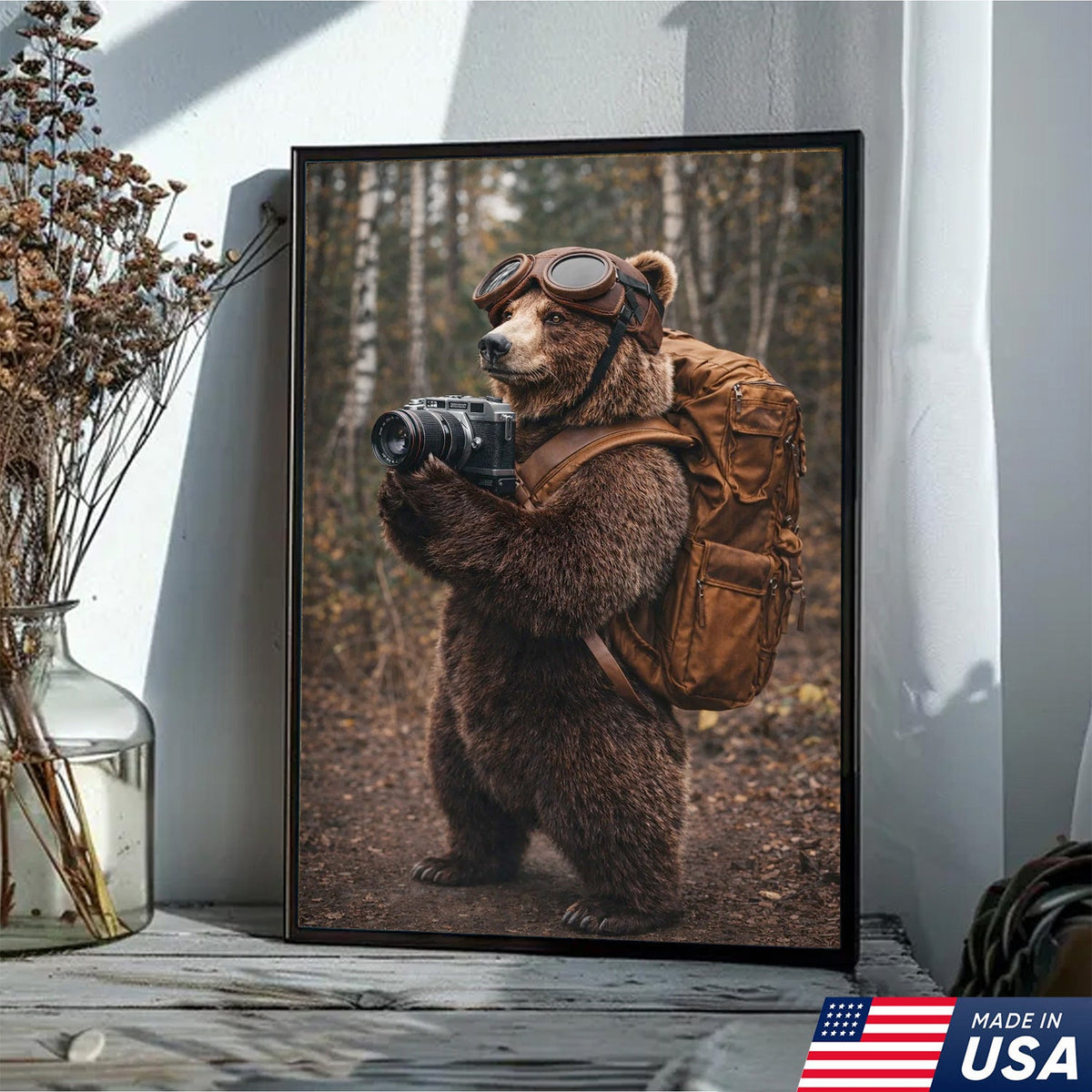 Adventure Bear Photographer Canvas Wall Art – Realistic Wildlife Explorer Print