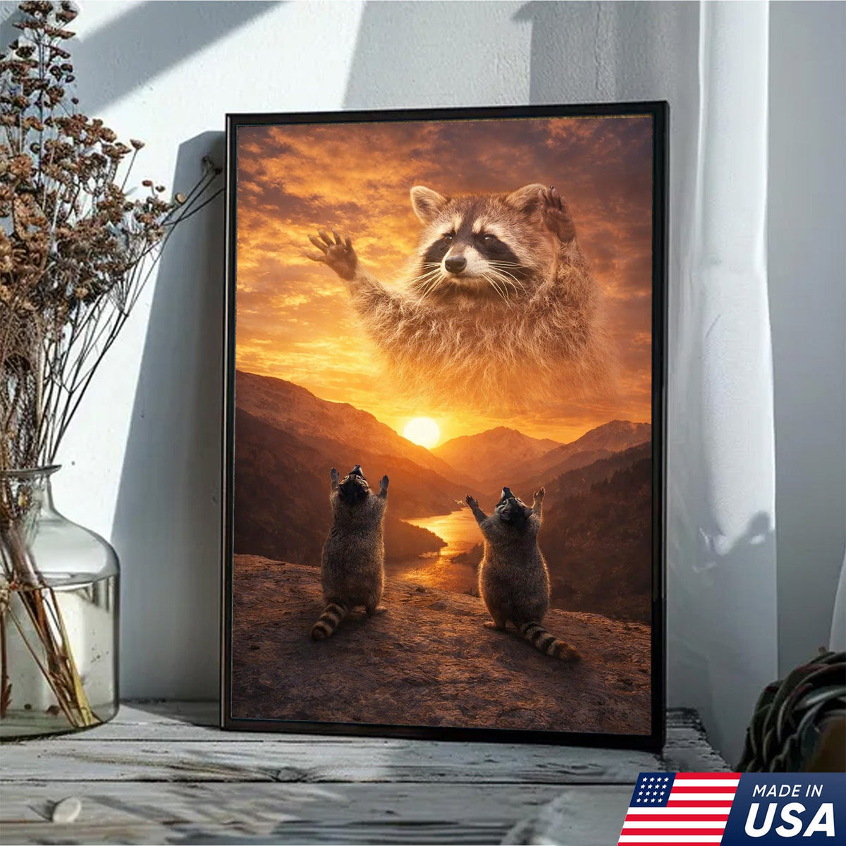 Funny Raccoon God Sunset Canvas Wall Art, Raccoon Worship Mountain Landscape