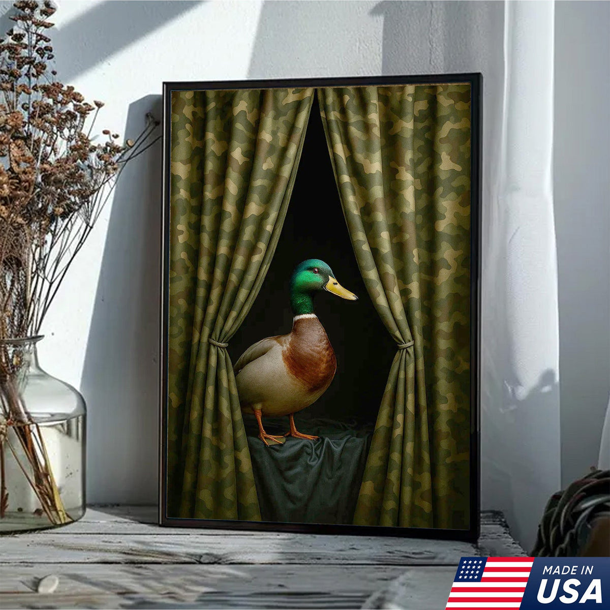 Duck Behind Camo Curtain Canvas Wall Art, Funny Hunting Lodge Decor, Rustic Wildlife Artwork