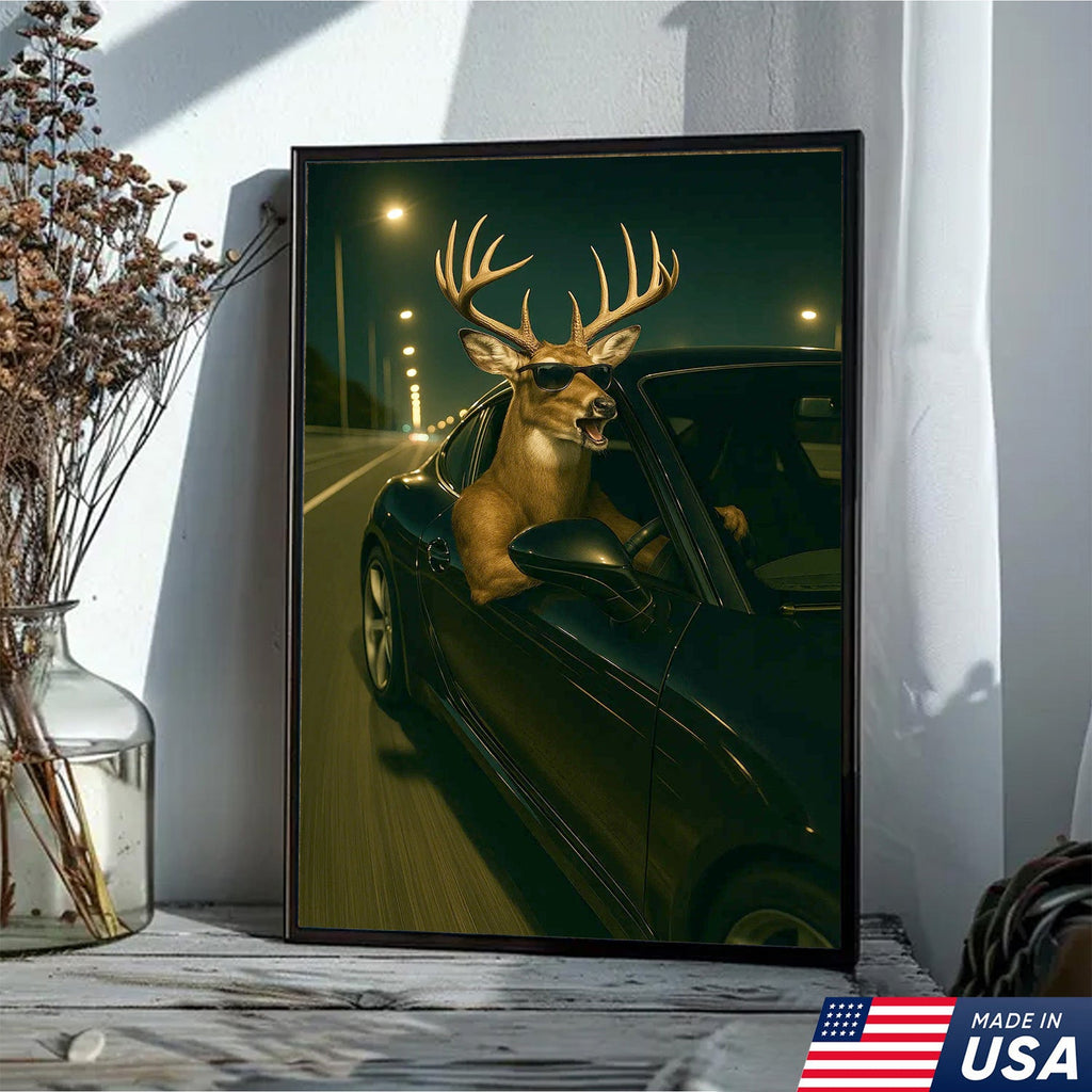 Funny Deer Driving Canvas, Cool Buck in Car Wall Art, Humorous Hunter Gift