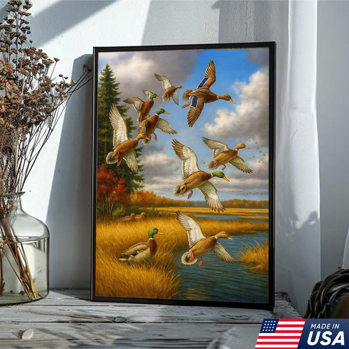 Mallard Ducks Flying Wall Art Canvas – Vintage Waterfowl Hunting Scene Canvas for Outdoorsmen