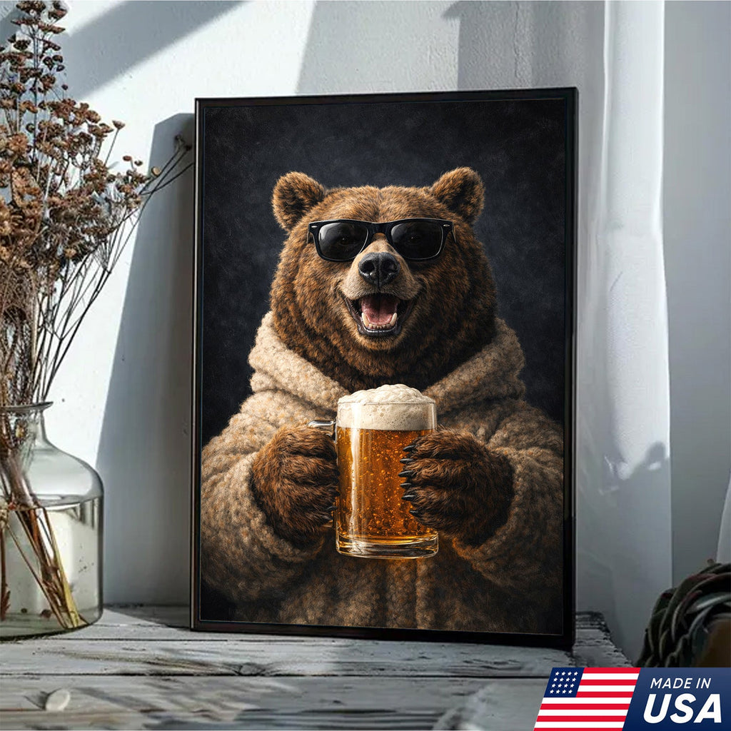 Funny Beer Bear Canvas Print Gift for Him Dad Husband Man Cave Decor