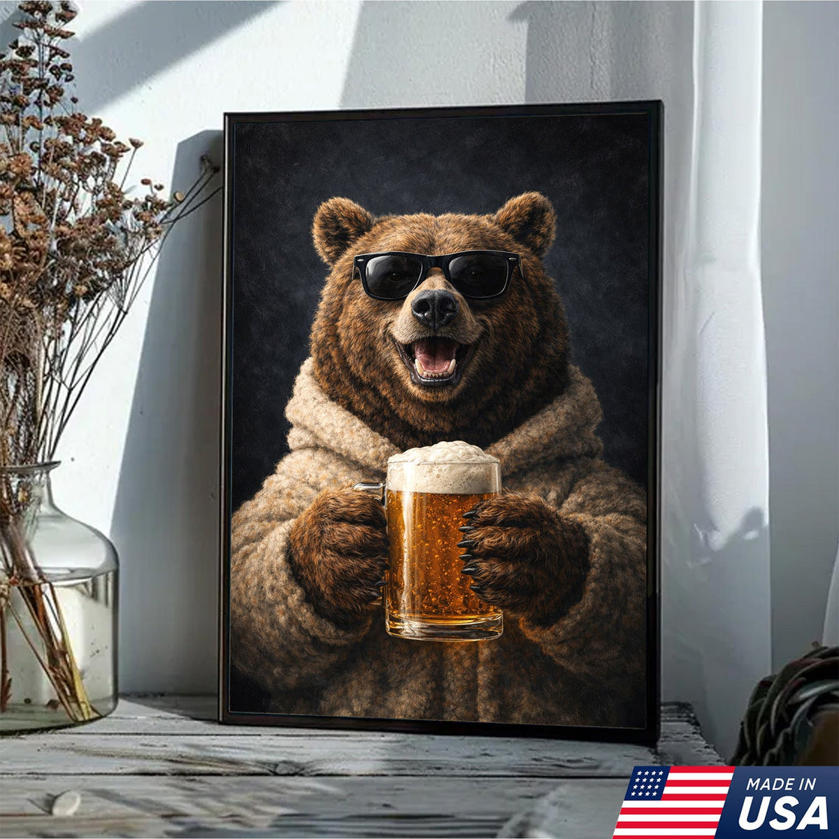 Funny Beer Bear Canvas Print Gift for Him Dad Husband Man Cave Decor