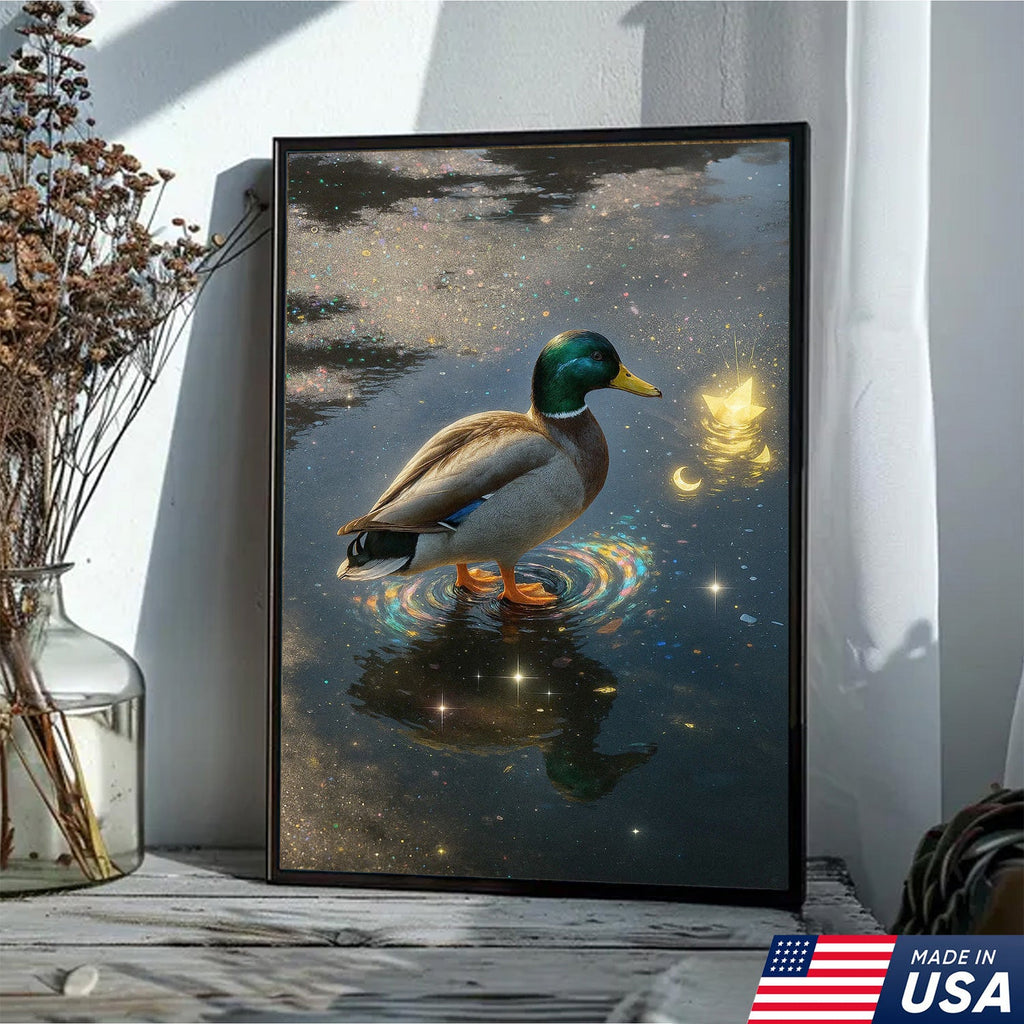 Magical Duck Canvas Art – Enchanted Night Water Scene with Glowing Stars