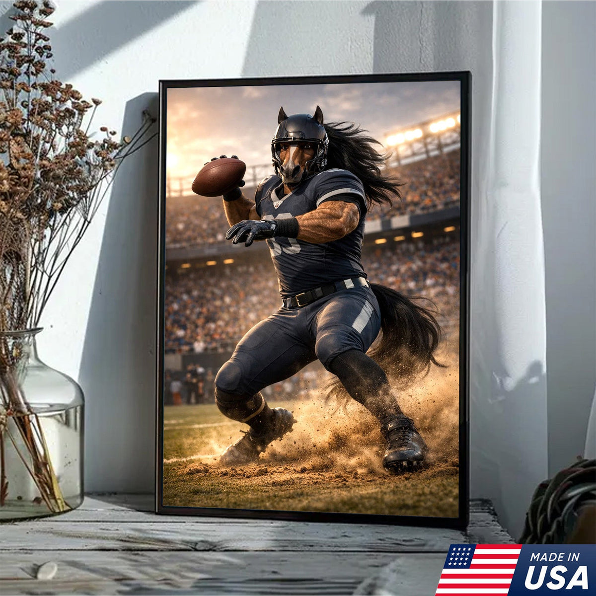 Dark Stallion Football Canvas Wall Art – Powerful Horse Athlete Stadium Action Print