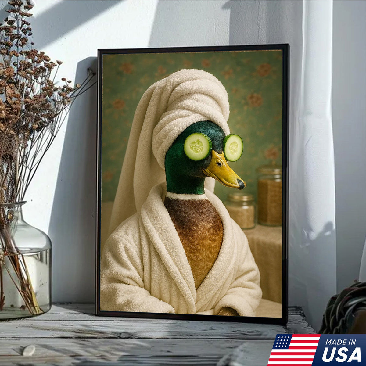 Spa Day Duck Canvas Wall Art, Funny Bathroom Spa Decor, Mallard in Robe with Cucumber Eyes