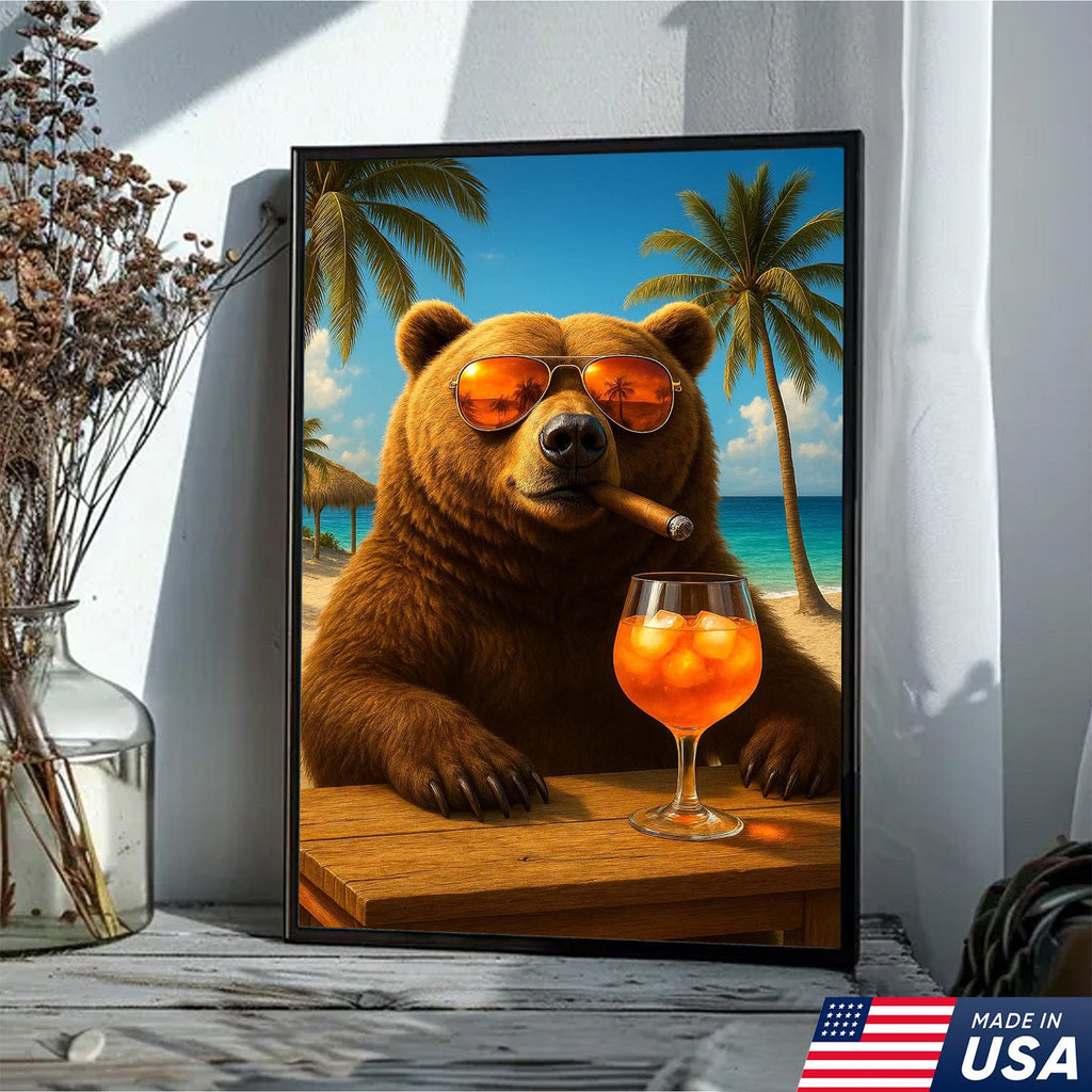 Beach Bear Wall Art Canvas, Cool Sunglasses Bear Tropical Vacation Decor
