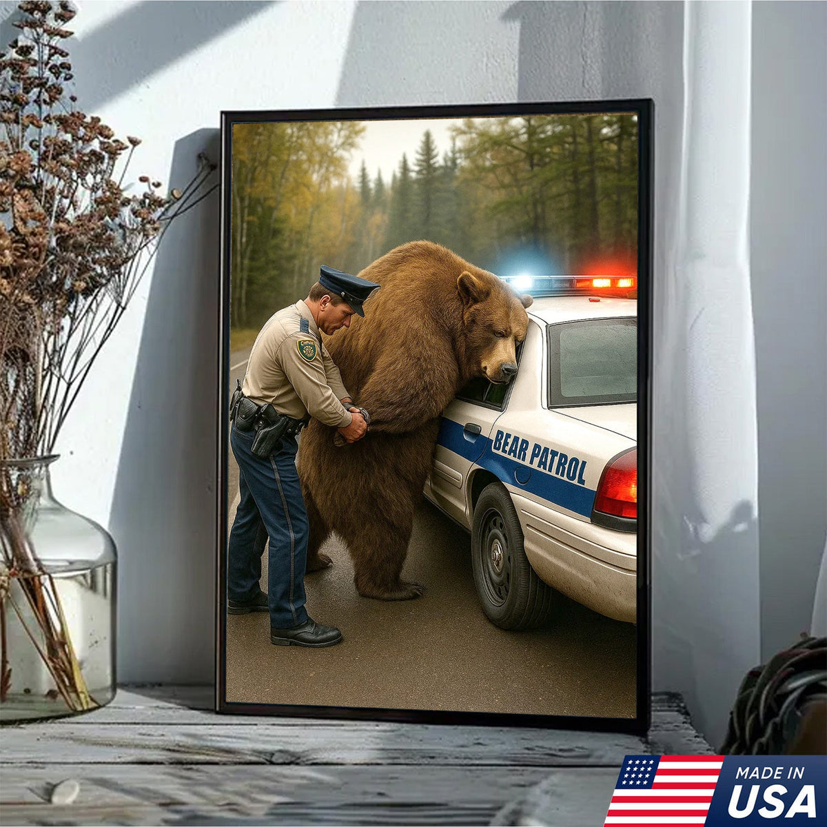 Funny Bear Patrol Canvas Wall Art, Humorous Wildlife Police Artwork, Rustic Cabin Decor