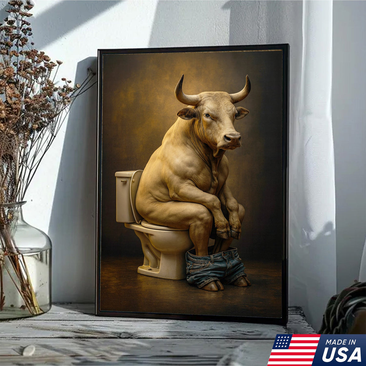 Funny Bull on Toilet Wall Art Canvas – Hilarious Farmhouse Bathroom Decor for Men & Guests