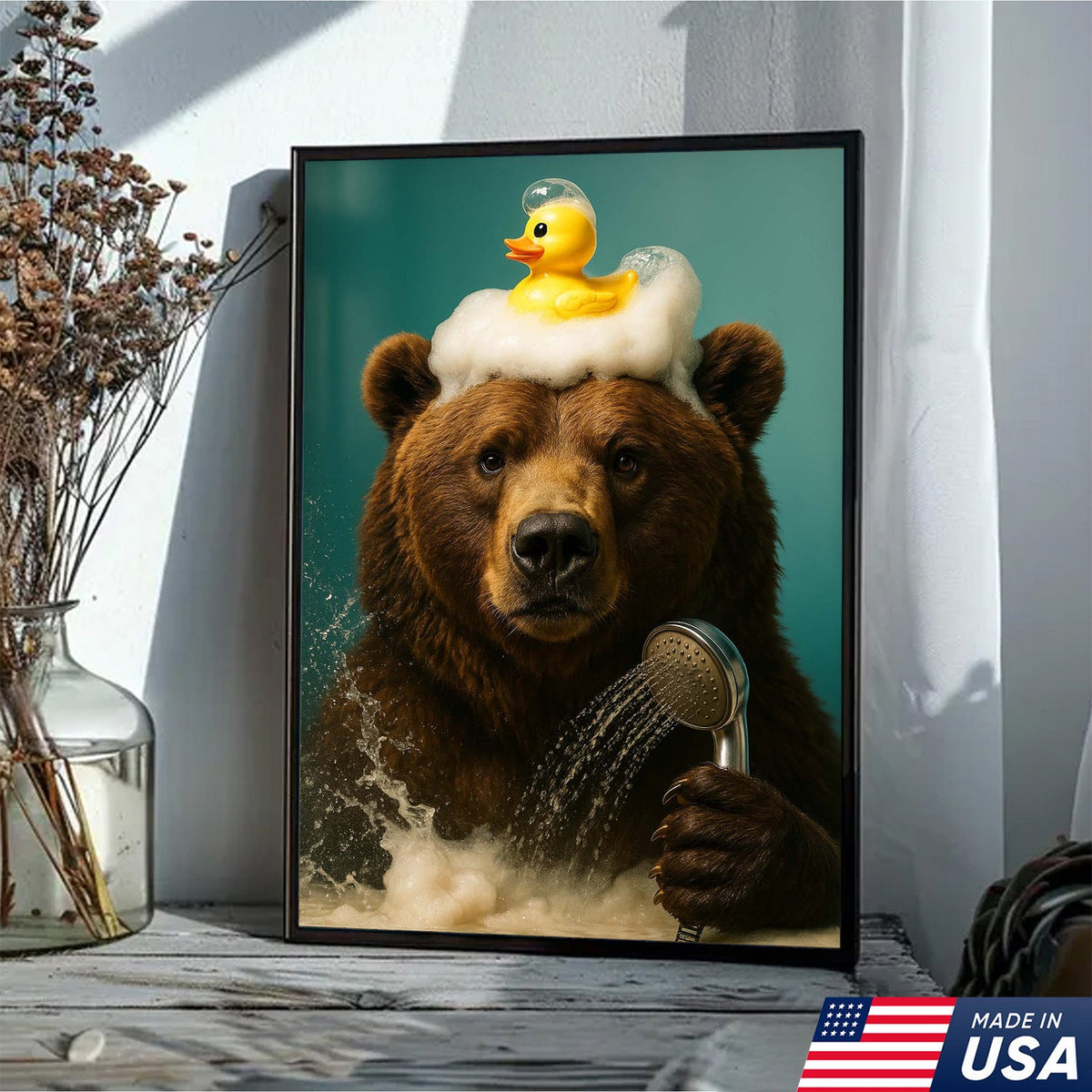 Funny Bear Bathroom Wall Art Canvas – Cute Bear Bubble Bath with Rubber Duck