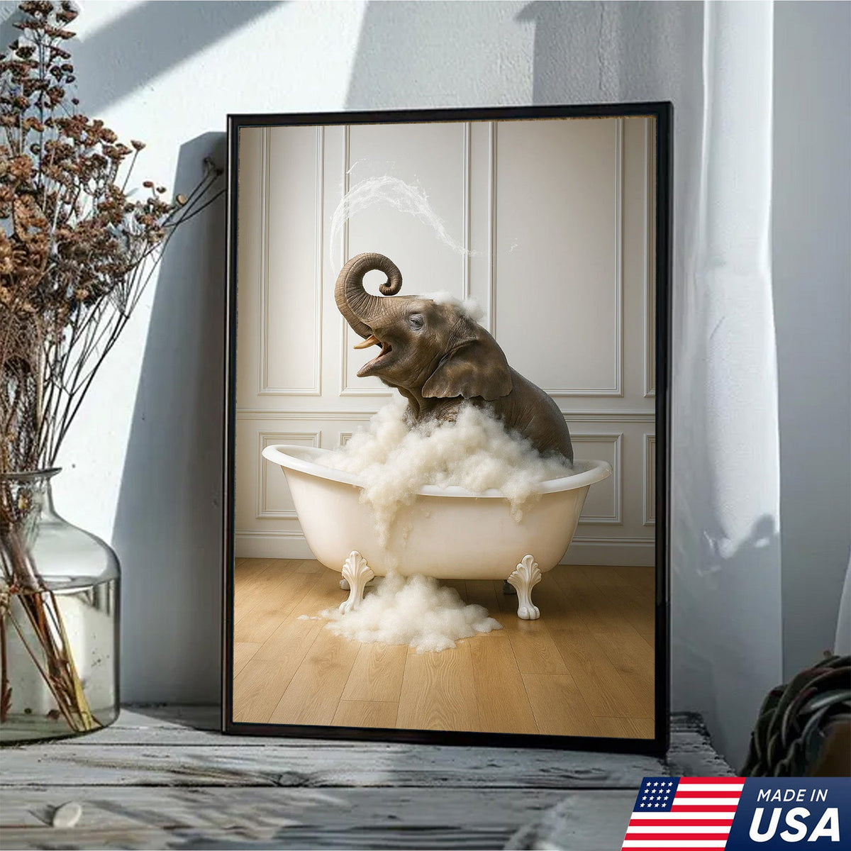 Elephant Bubble Bath Bathroom Wall Art Canvas, Funny Animal in Bathtub Bathroom Decor