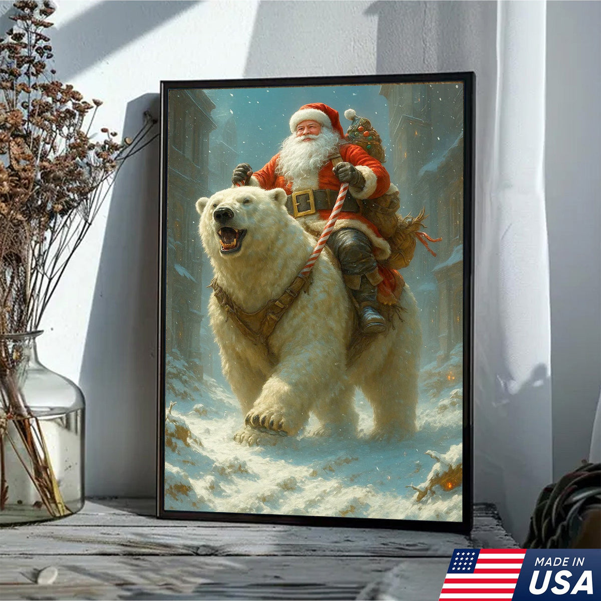 Santa Riding Polar Bear Canvas Wall Art, Epic Christmas Adventure Santa Print