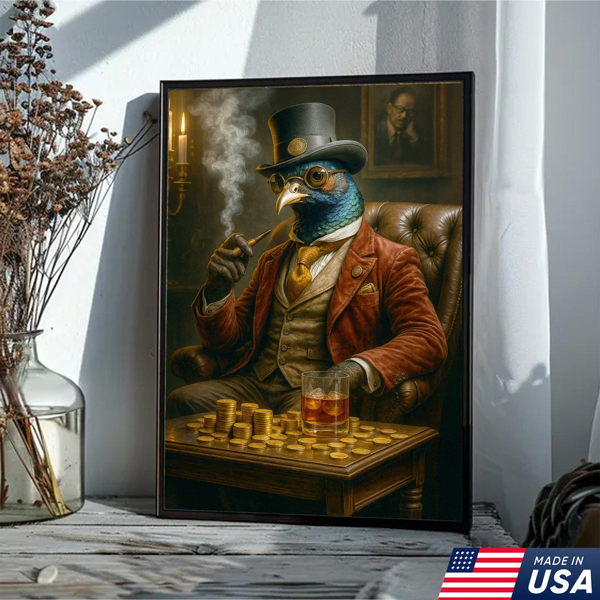 Funny Gentleman Pheasant Wall Art Canvas – Vintage Bar Wall Art Gift for Him, Dad, or Husband