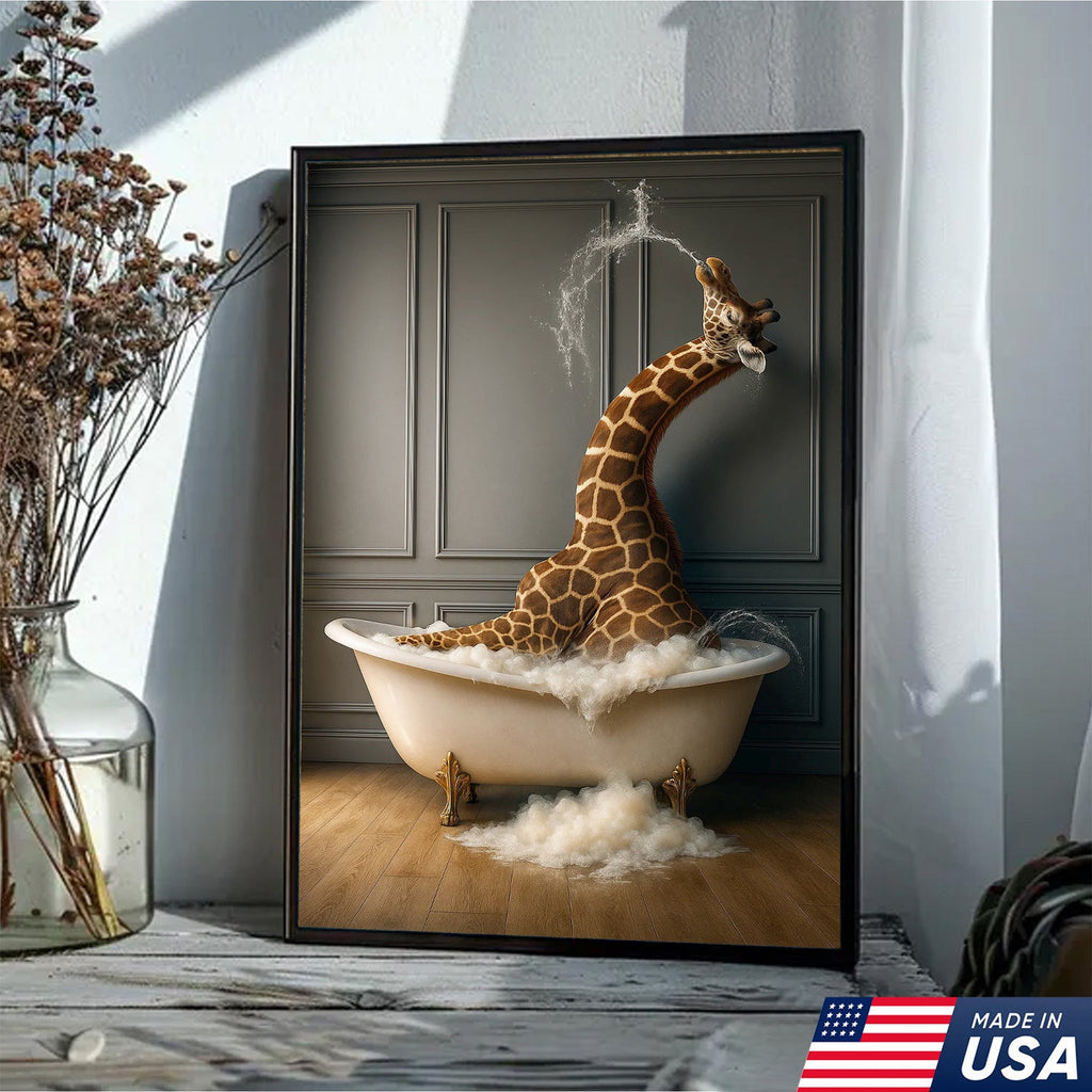 Funny Giraffe Bubble Bath Wall Art Canvas, Animals in Bathtub Kids Bathroom Decor