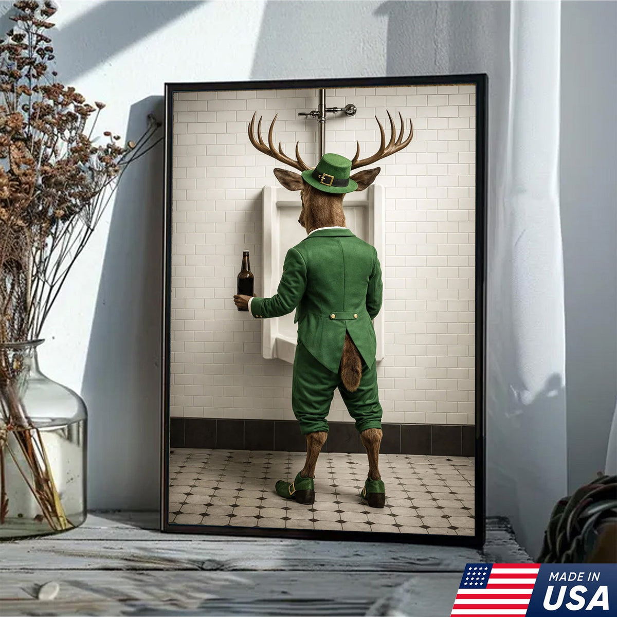 Funny Deer Canvas Wall Art, Leprechaun Buck Bathroom Humor Print