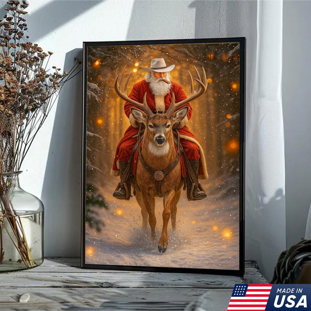 Cowboy Santa Riding Deer Canvas, Western Christmas Wall Art Decor