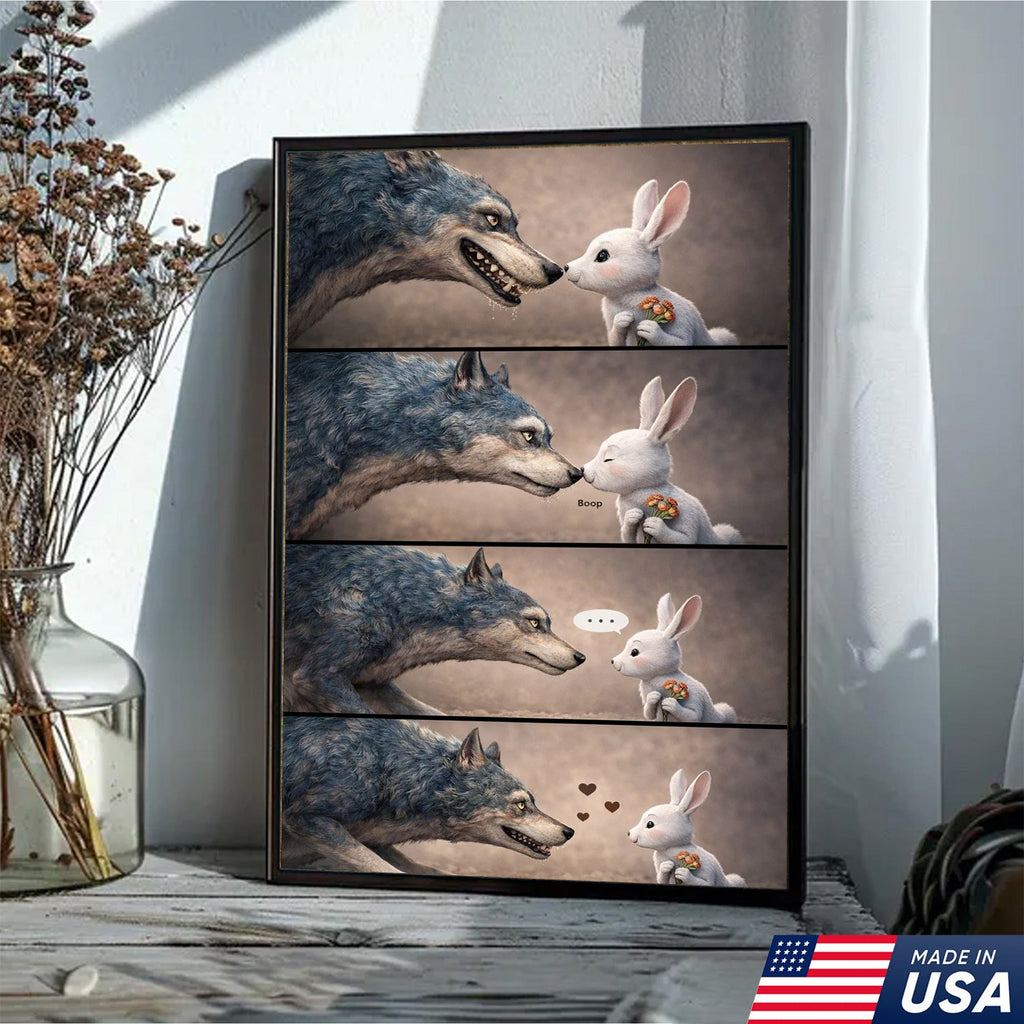 Cute Wolf and Bunny Comic Canvas Print, Whimsical Animal Love Story Wall Art Decor