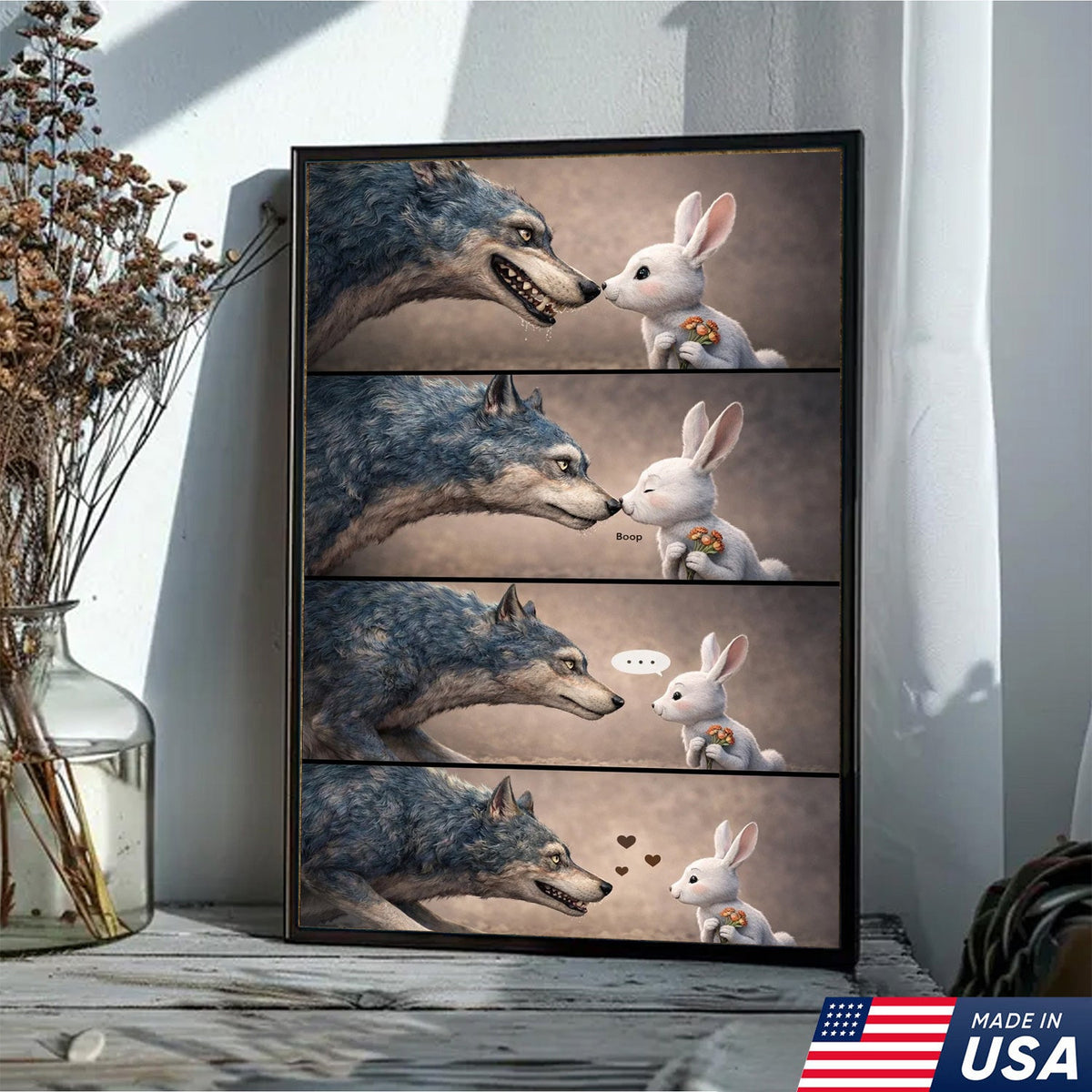 Cute Wolf and Bunny Comic Canvas Print, Whimsical Animal Love Story Wall Art Decor
