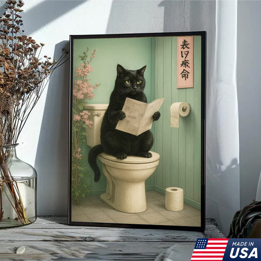 Funny Cat Bathroom Canvas Wall Art, Black Cat on Toilet Reading Newspaper