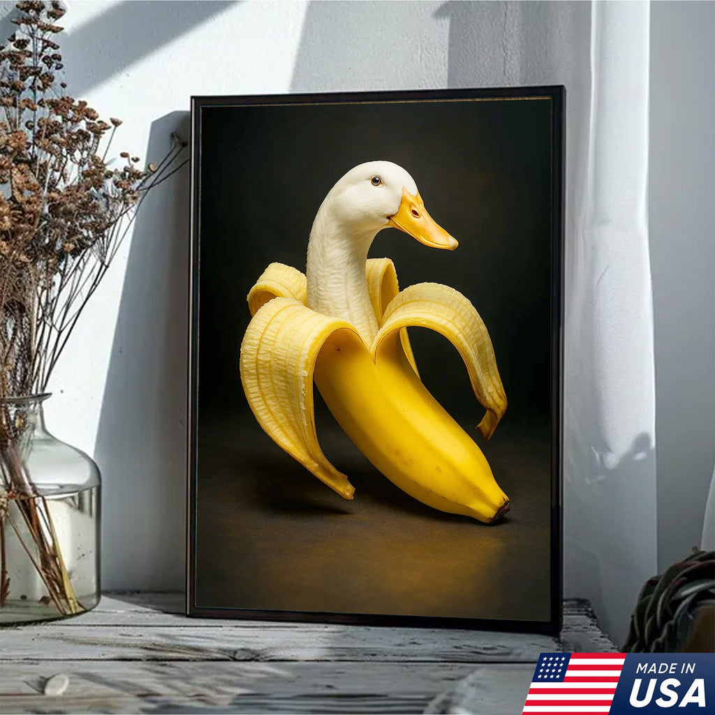 Banana Duck Canvas Wall Art, Surreal Fruit Animal Print, Funny Kitchen & Bathroom Decor