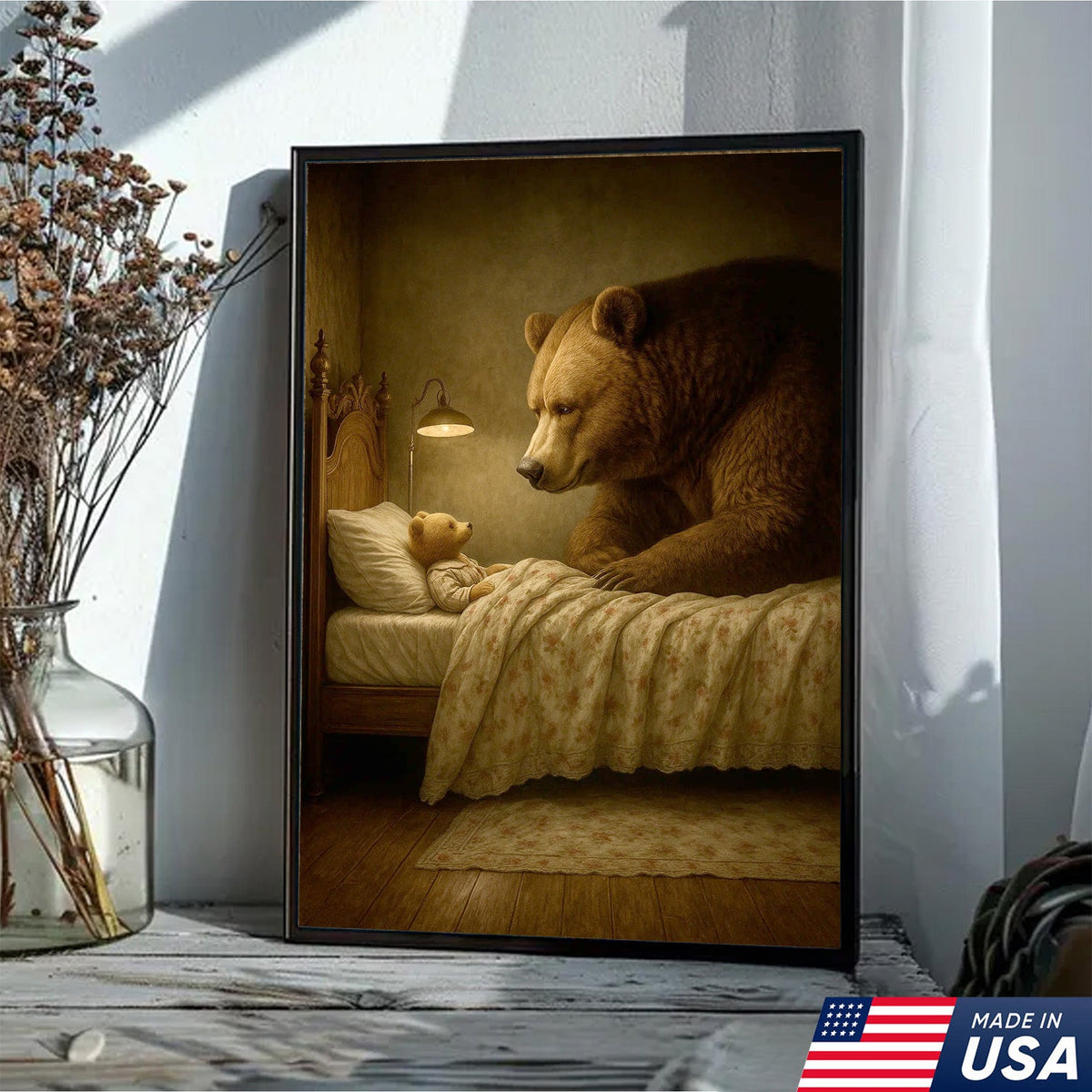 Mother Bear and Cub Canvas Wall Art, Whimsical Bedtime Wildlife Artwork