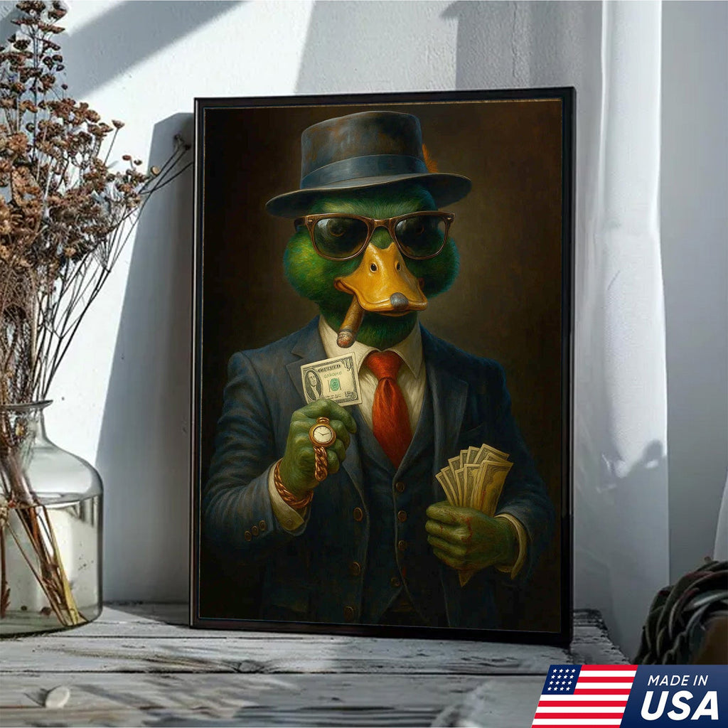 Gangster Duck Money Canvas Wall Art, Rich Boss Duck in Suit Holding Cash
