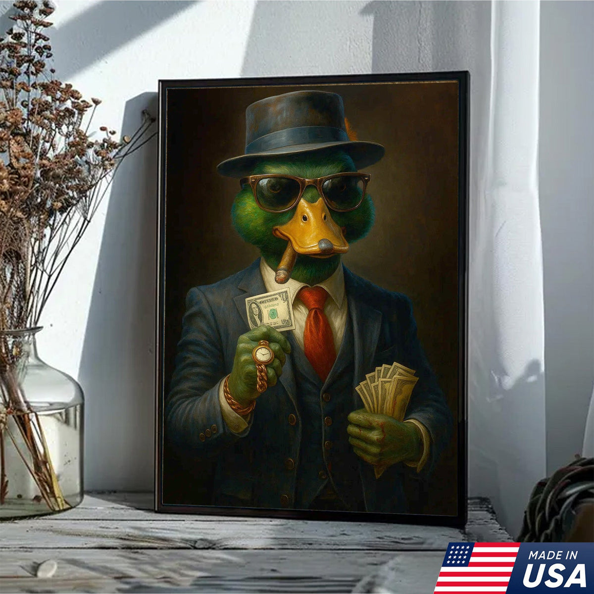 Gangster Duck Money Canvas Wall Art, Rich Boss Duck in Suit Holding Cash