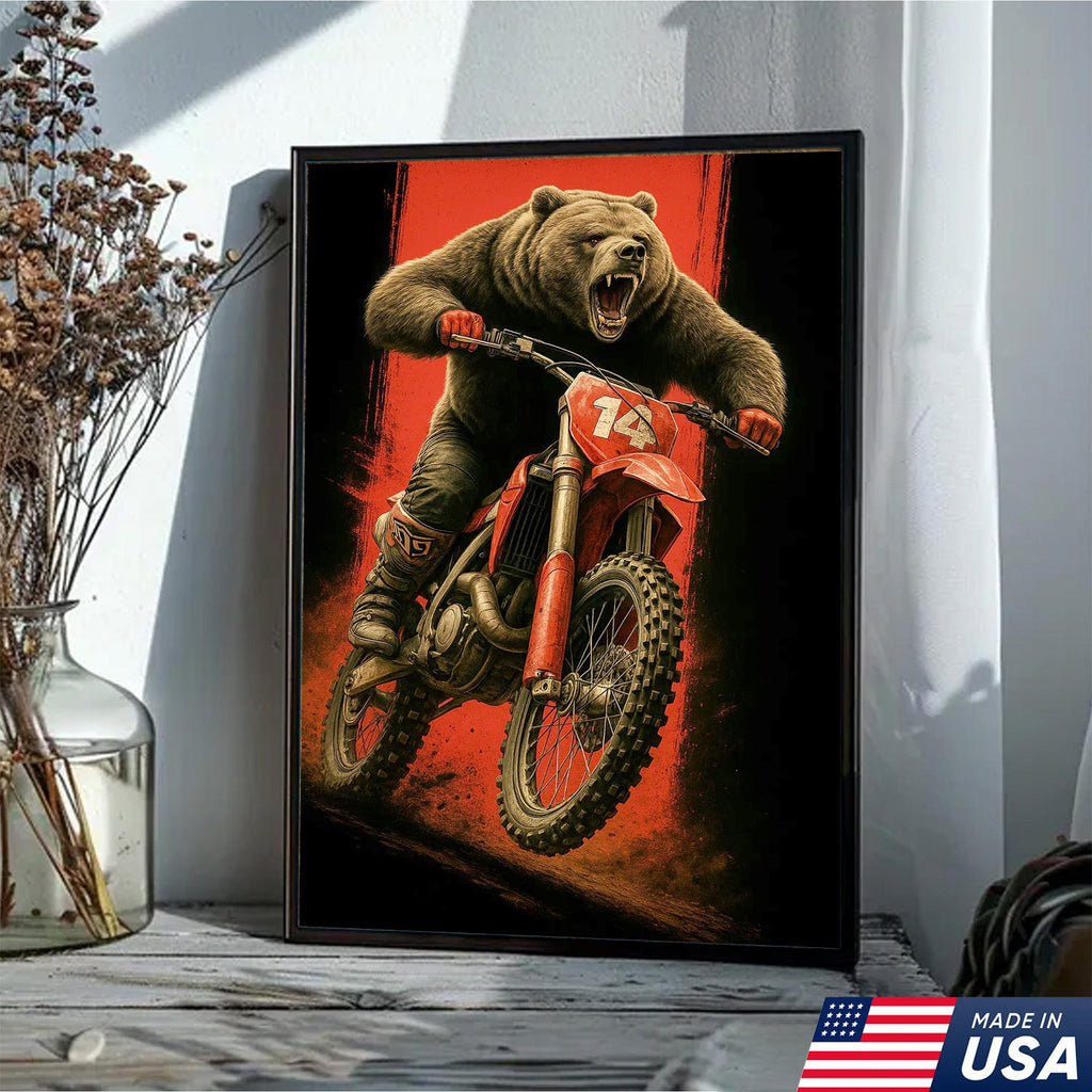 Motocross Bear Wall Art Canvas, Fierce Dirt Bike Racing Bear Print