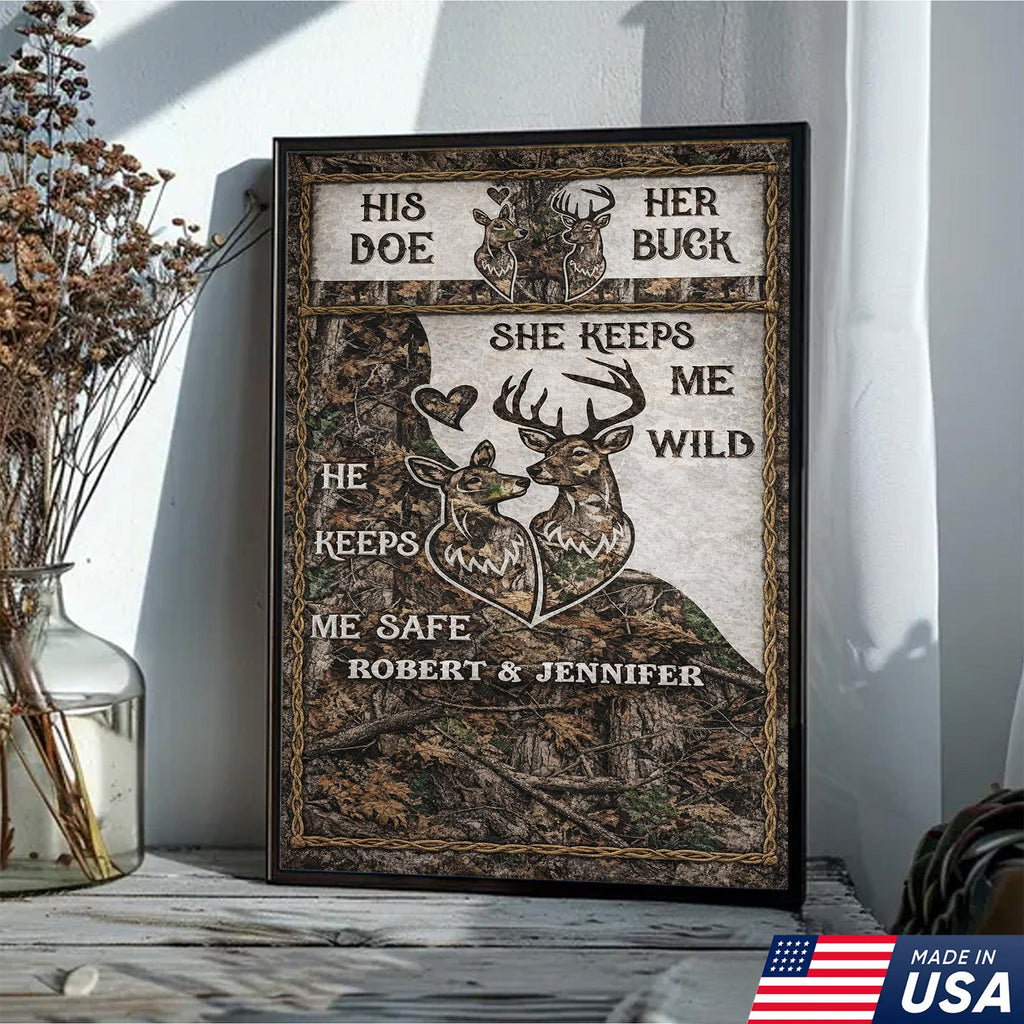 Personalized His Doe Her Buck Canvas Wall Art, Rustic Deer Couple Love Quote Artwork