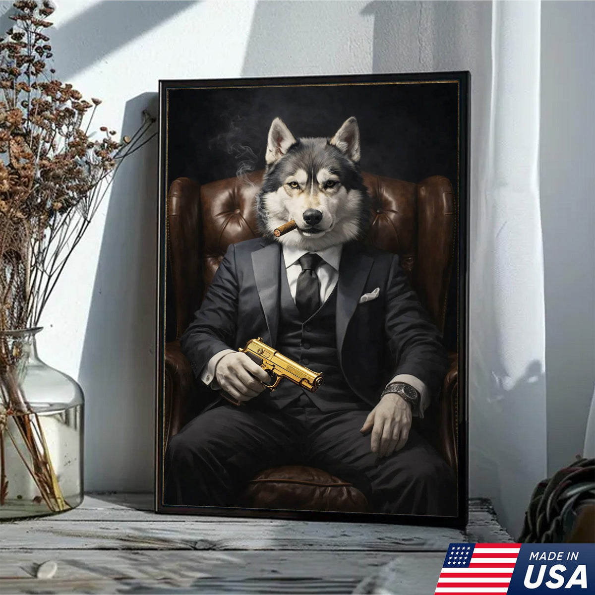 Boss Wolf Canvas Wall Art, Powerful Alpha Wolf in Suit Portrait, Luxury Animal Artwork