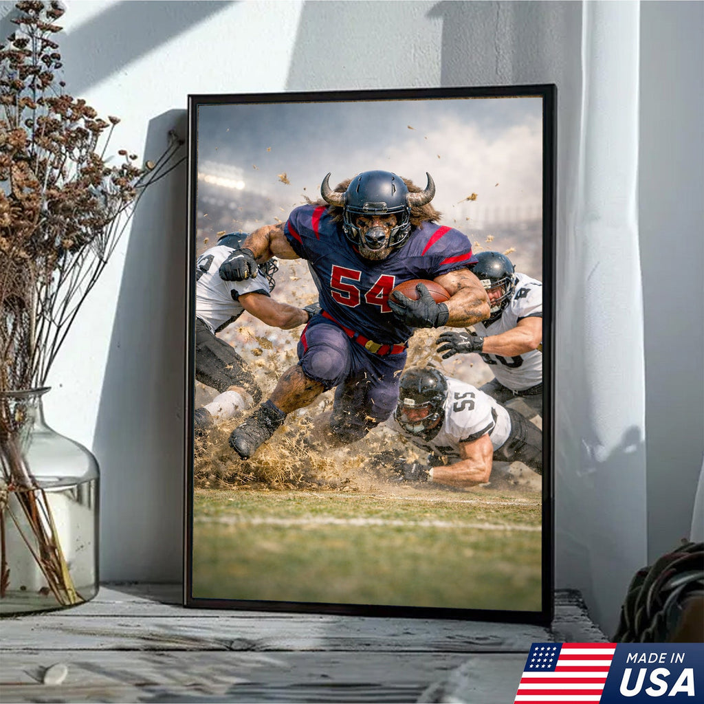 Bull Football Player Canvas Wall Art – Powerful Stadium Action Sports Print