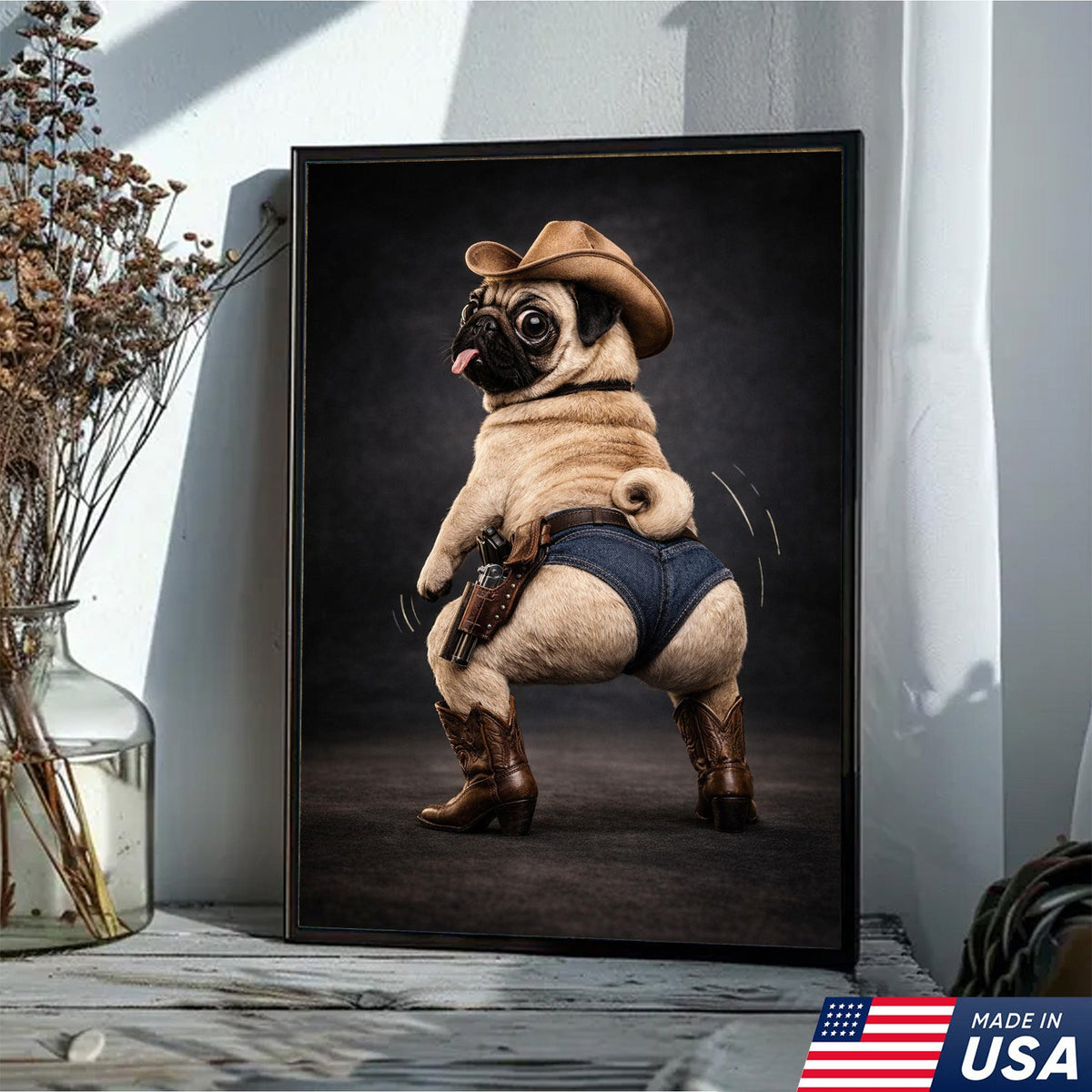 Funny Pug Canvas – Cowboy Dog Wall Art – Western Humor Decor