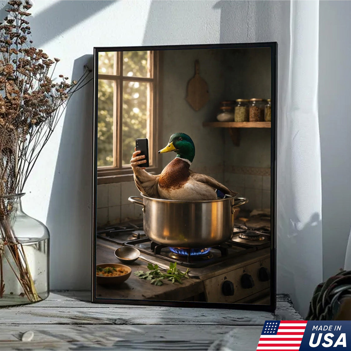 Funny Duck Cooking Selfie Canvas Wall Art, Whimsical Kitchen Animal Illustration