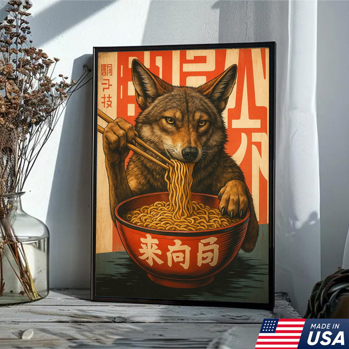 Funny Wolf Coyote Eating Ramen Canvas Wall Art, Quirky Animal Kitchen Decor
