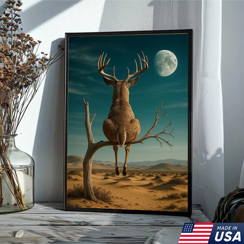 Funny Deer Moon Canvas, Whitetail Buck Sitting on Tree Wall Art, Humorous Hunter Gift