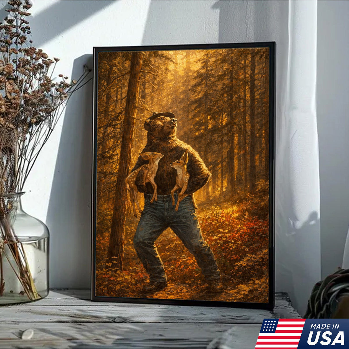 Protector of the Wild Canvas Wall Art – Bear Holding Fawns Forest Scene Print
