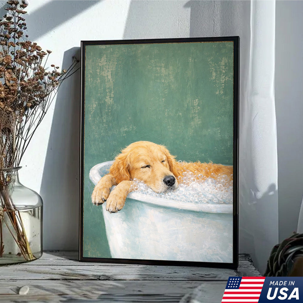 Golden Retriever Bath Canvas Wall Art, Cute Dog Bathroom Decor