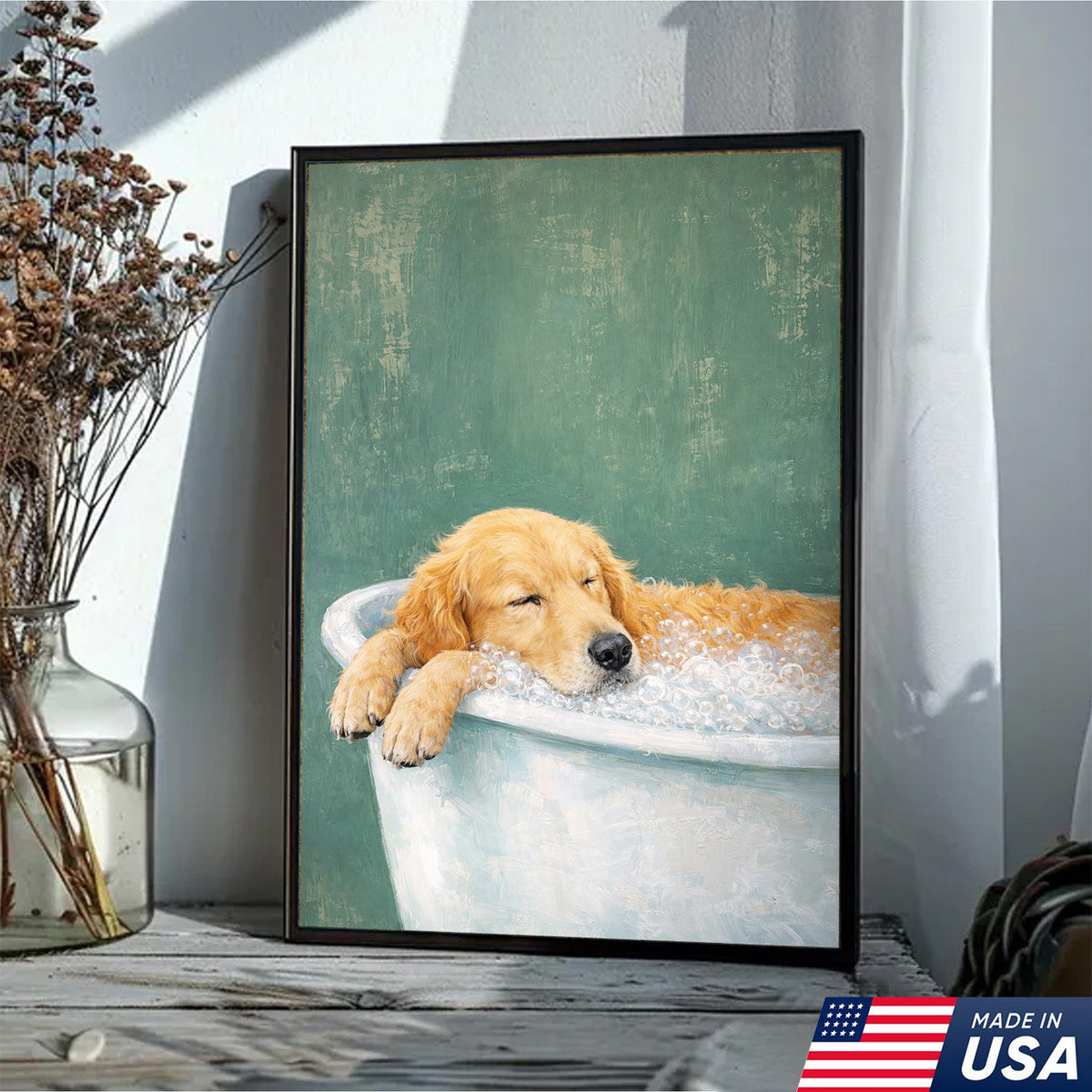 Golden Retriever Bath Canvas Wall Art, Cute Dog Bathroom Decor
