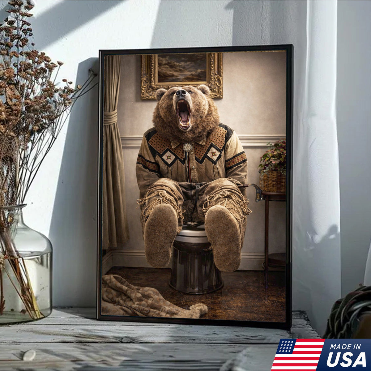 Funny Bear Bathroom Canvas Wall Art – Western Bear On Toilet