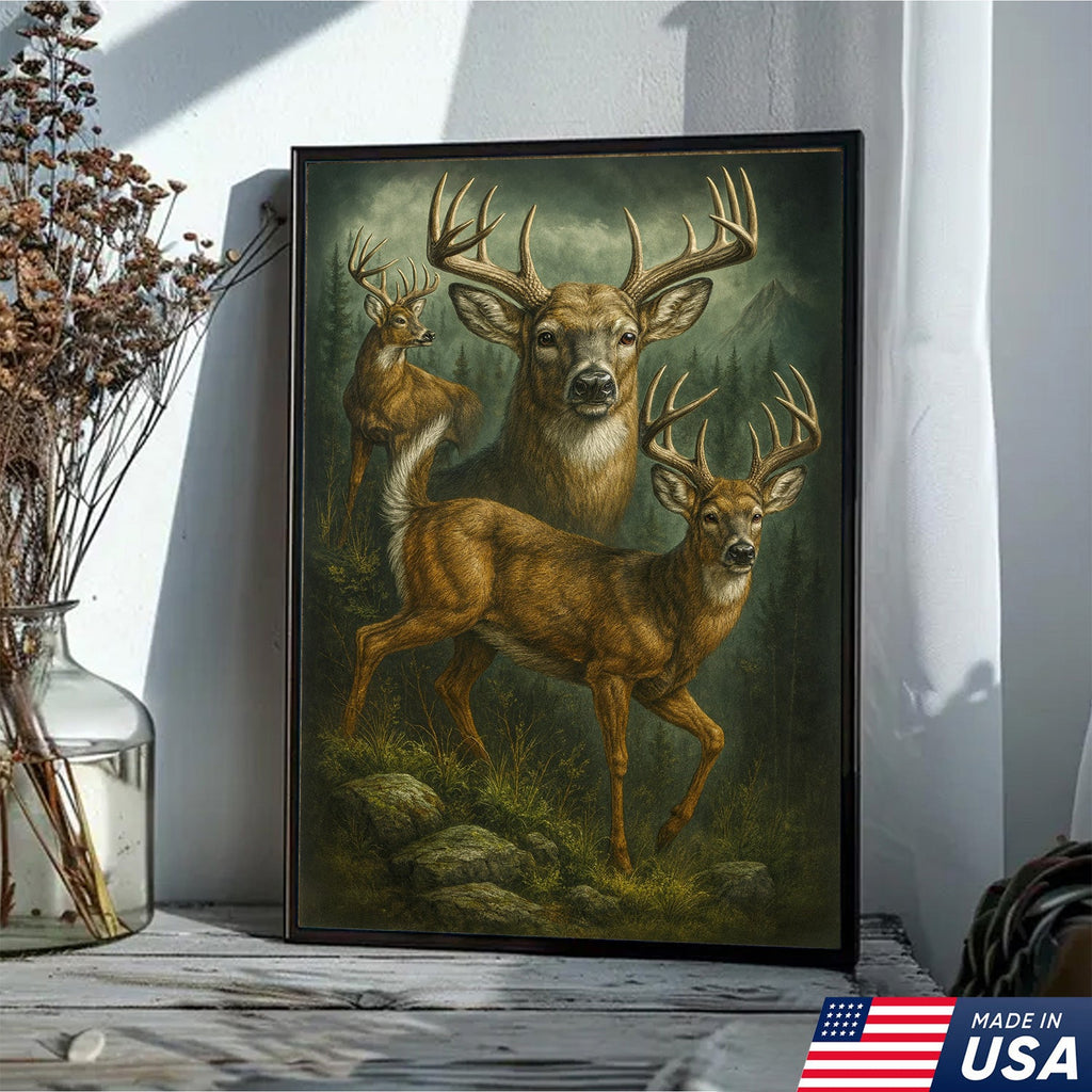 Whitetail Deer Trio Canvas Wall Art, Majestic Bucks in Forest Scene, Perfect Hunting Lodge