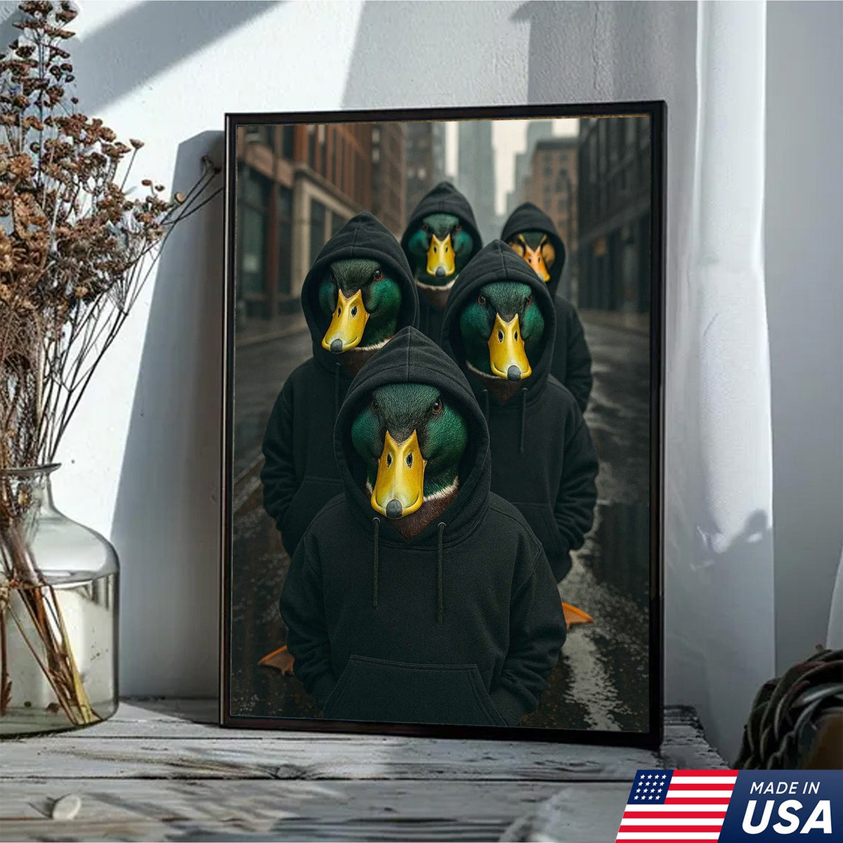 Urban Duck Gang Canvas Wall Art, Hooded Anthropomorphic Ducks Artwork